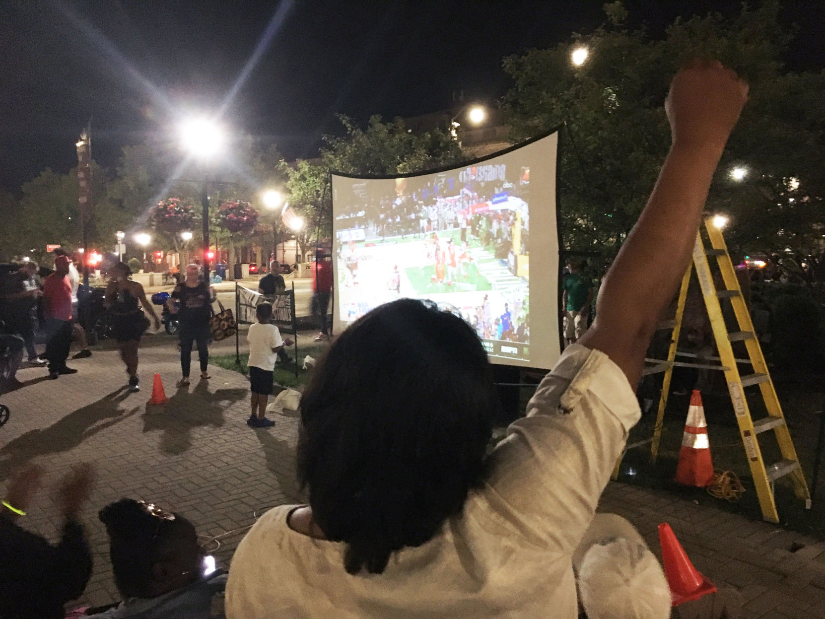 Denise Smith pumps her fist in celebration